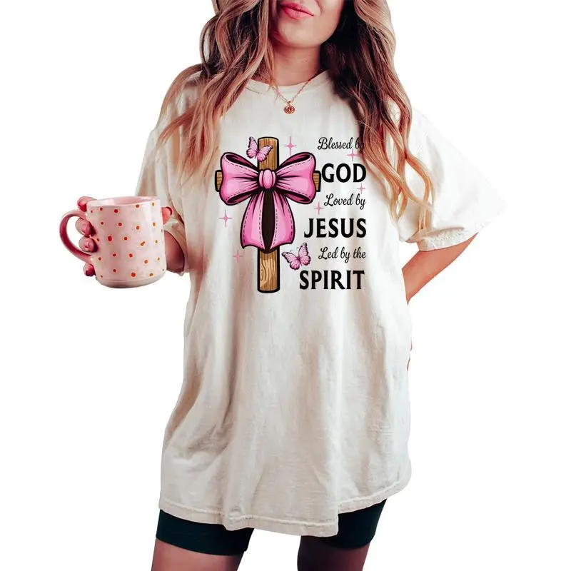 Blessed By God Loved By Jesus Pink Coquette Bow And Cross Women's Oversized Comfort T-shirt