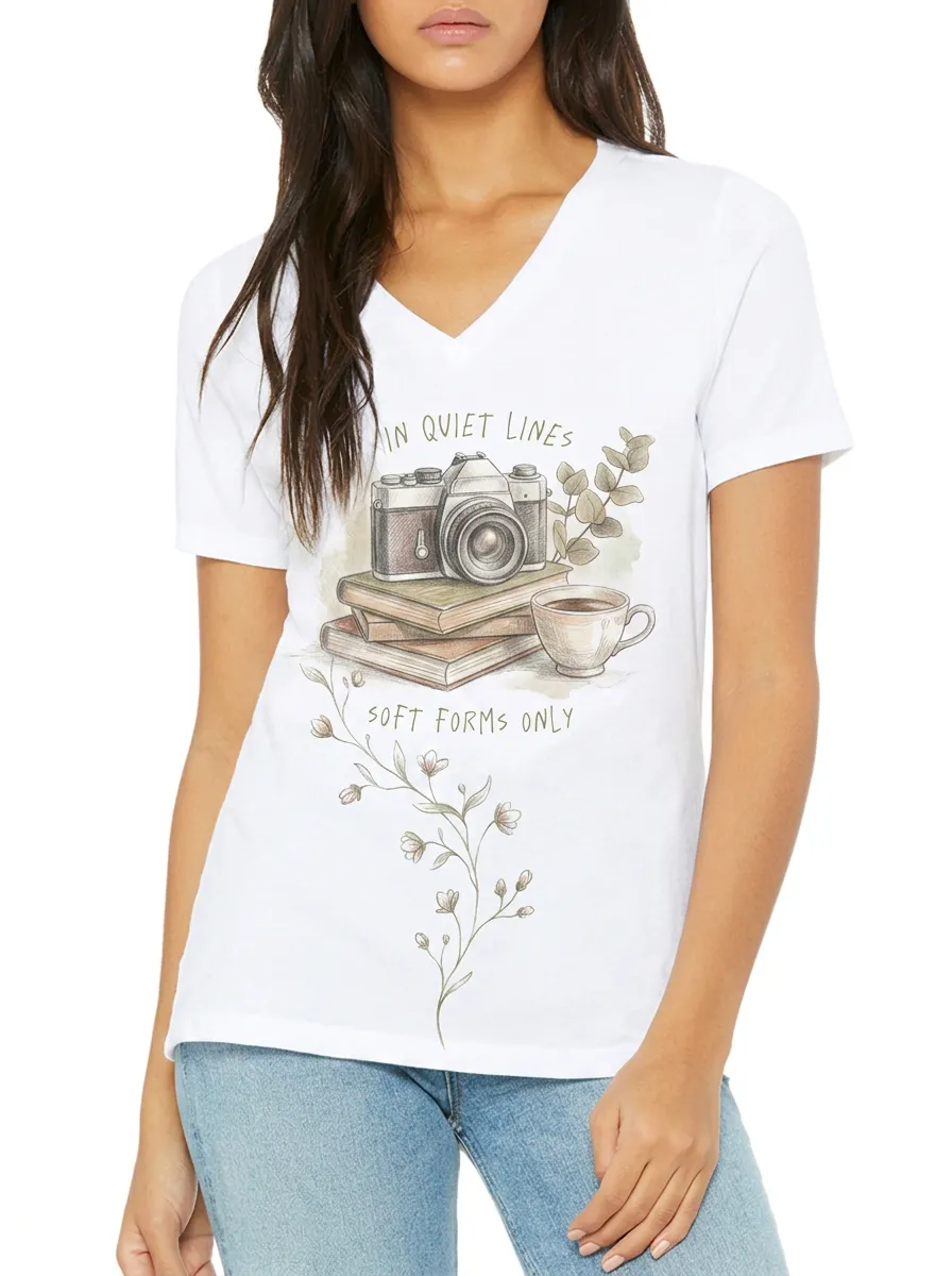 Women's Photography Book Coffee Lover Floral Printed V-neck T-shirt