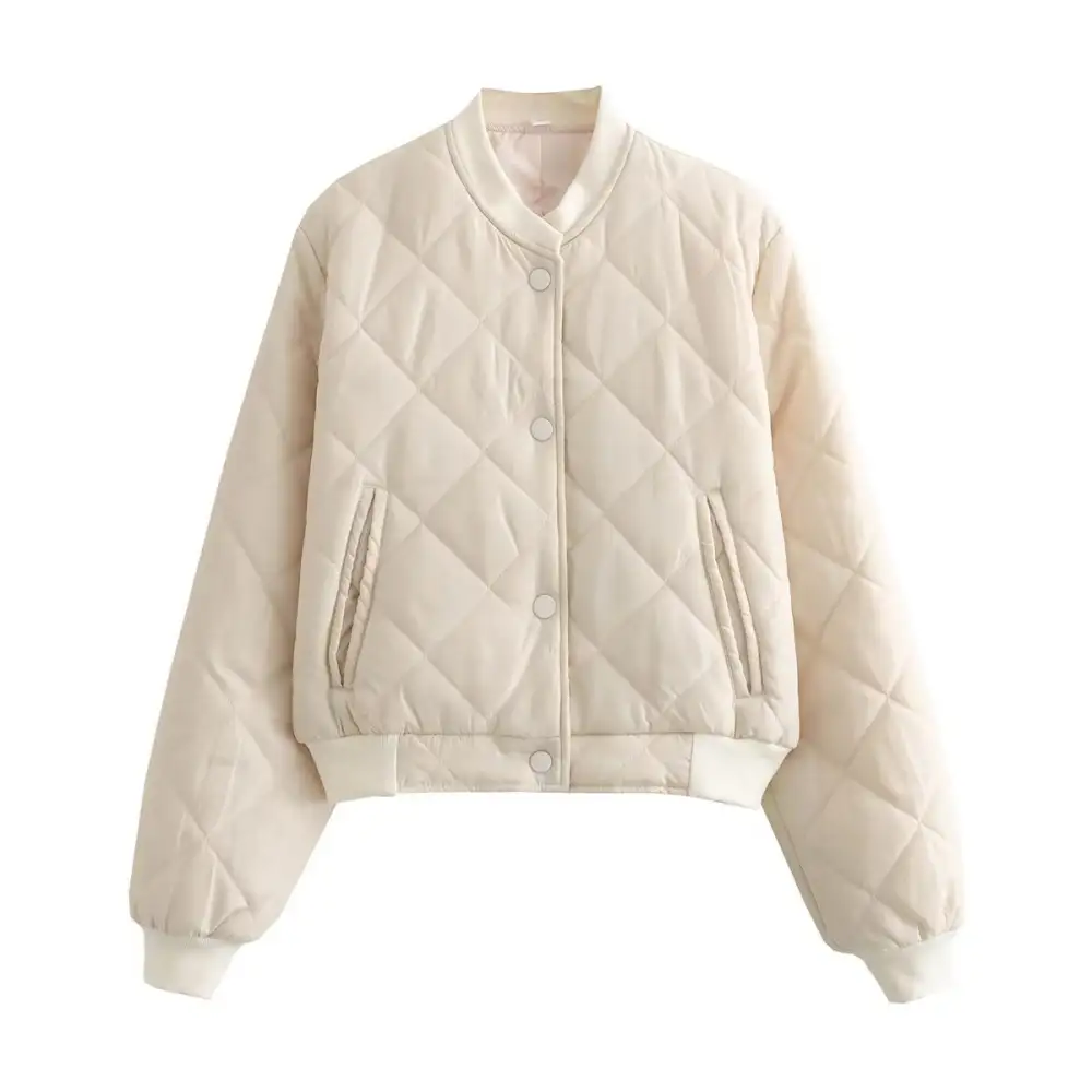 Quilted Snap Front Ribbed Trim Bomber Jacket