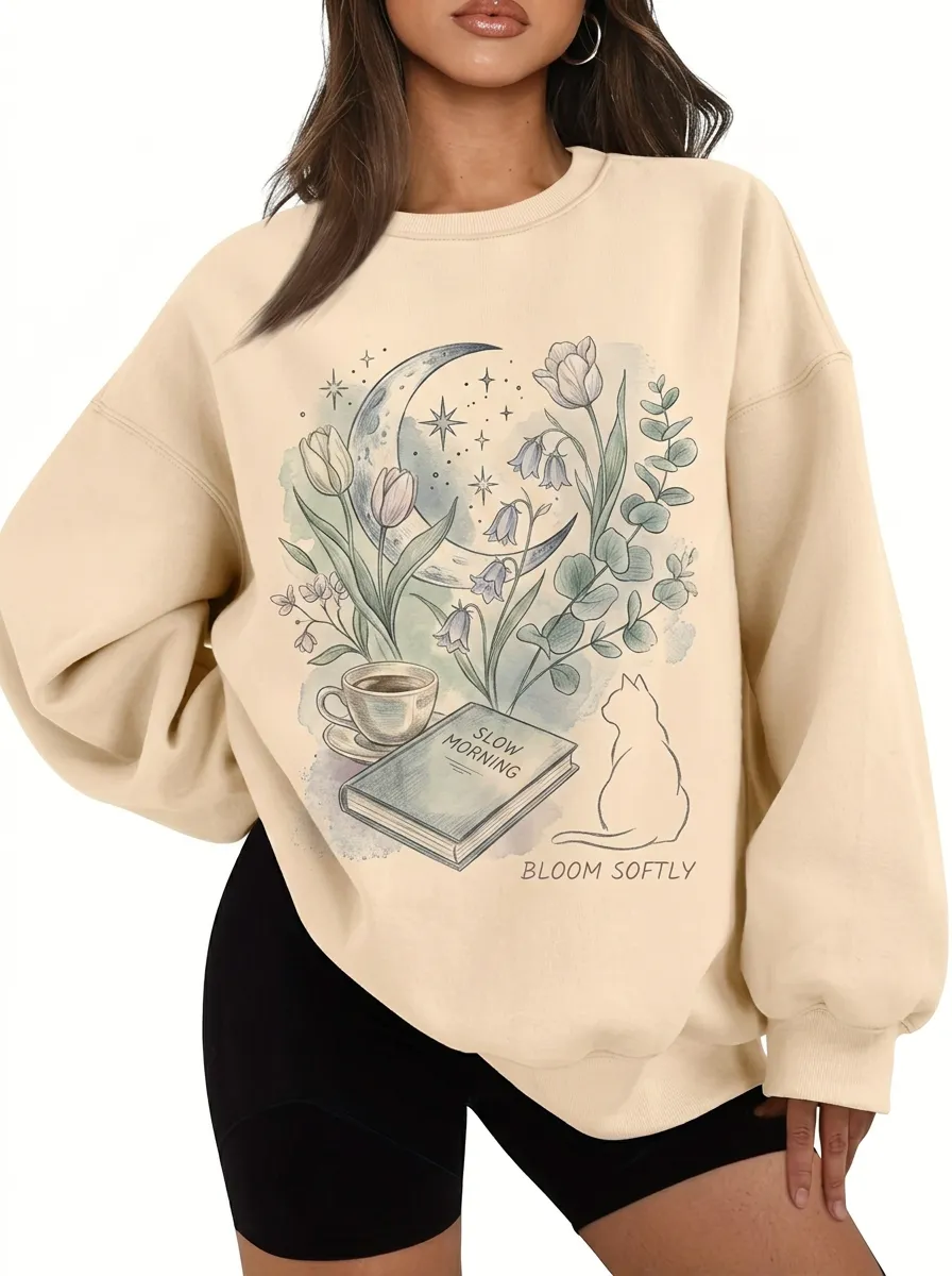 Women's Book Lover Moon Cat Floral Printed Sweatshirt