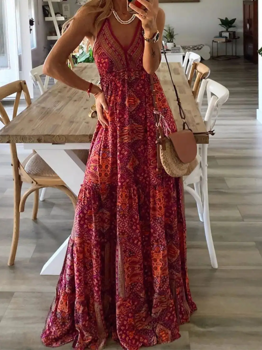 Tiered V-Neck Printed Maxi Dress