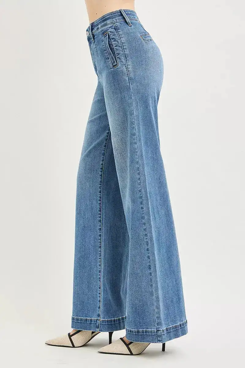 Tummy Control High Rise Wide Leg Cropped Pocketed Denim Jeans
