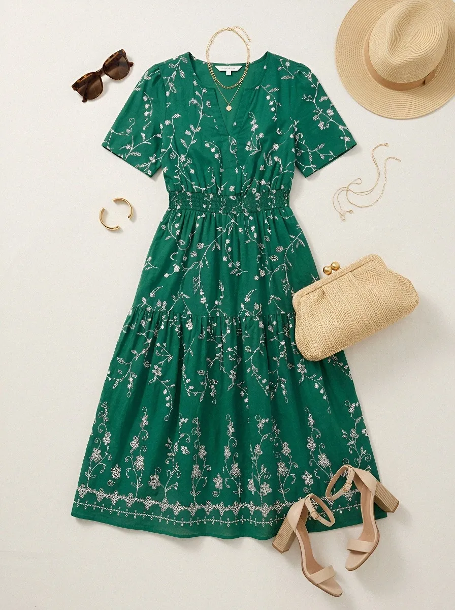 Women's Summer Vacation White Floral Green Printed Midi Dress