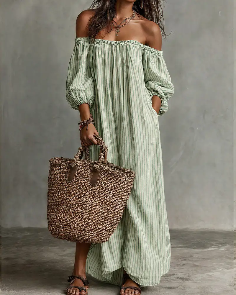 Striped Off-Shoulder Linen Resort Maxi Dress