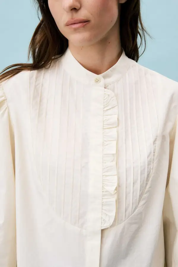 Button Down Collared Ruffle Pleated Shirt