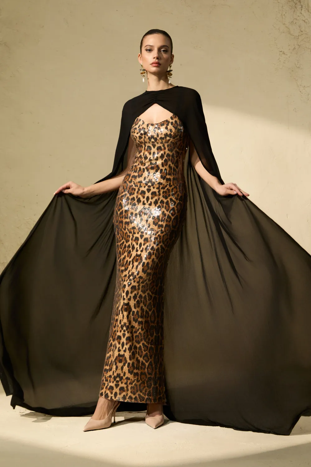 Wild Charm Multi Leopard Print Sequin Maxi Dress & Cape Set