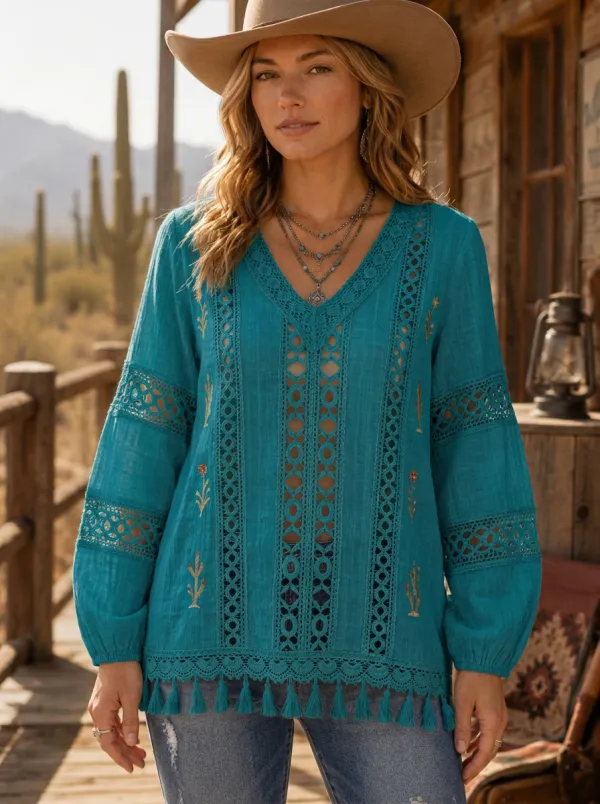 Women's Western Boho Cactus Embroidered Crochet Cutout Top