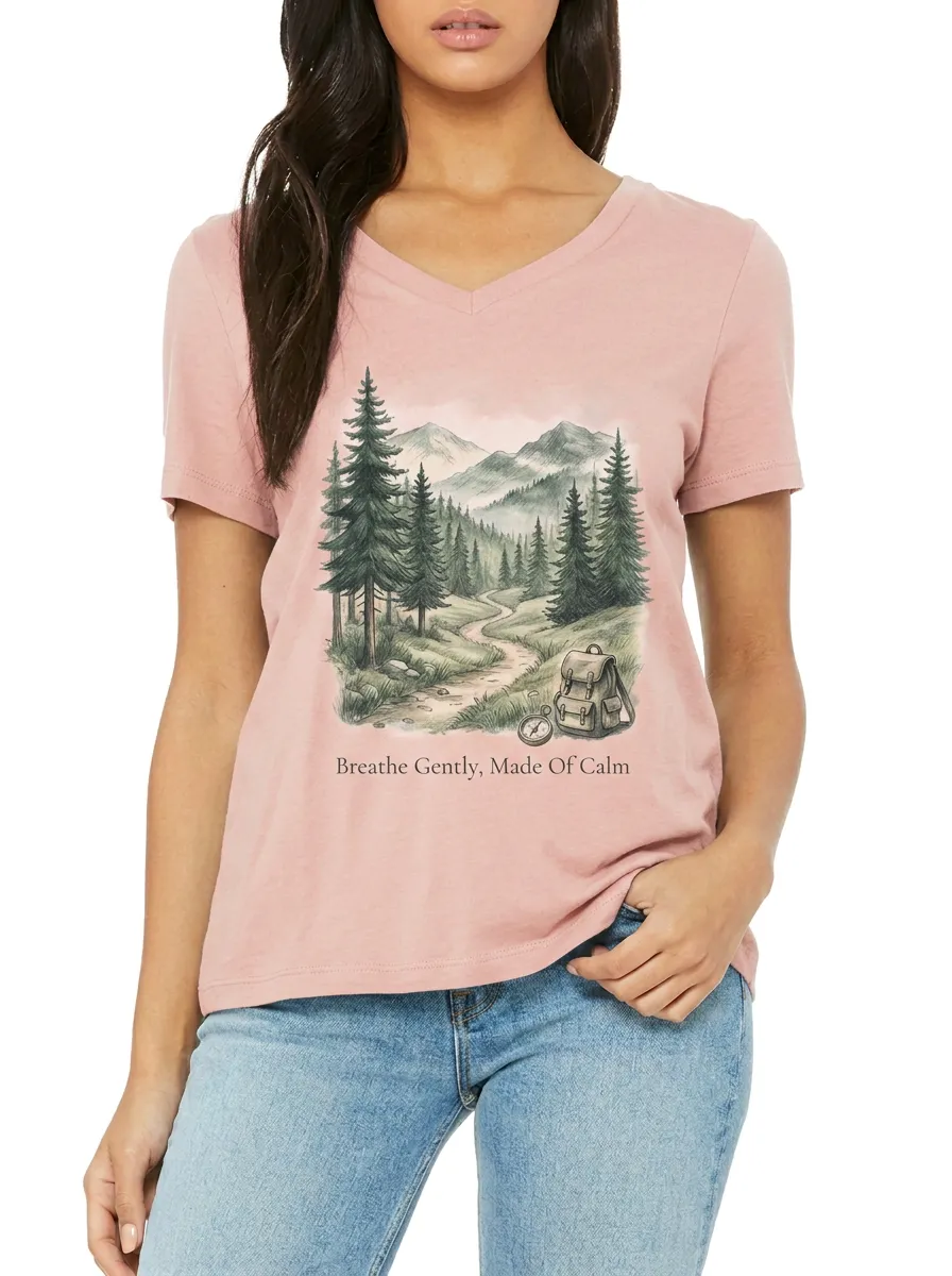 Women's Nature Hiking Lover Mountain Forest Backpack Printed V-neck T-shirt
