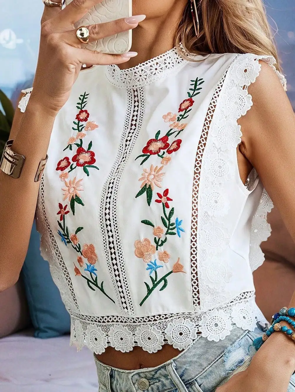 Lace Embroidered Sleeveless Blouse