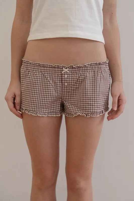 Burgundy and White Checkered Button Front Shorts