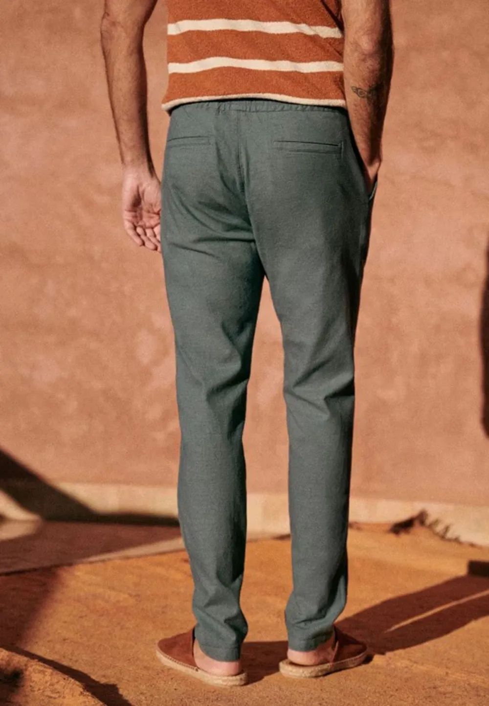 Olive Green Cotton Linen Blend Casual Trousers