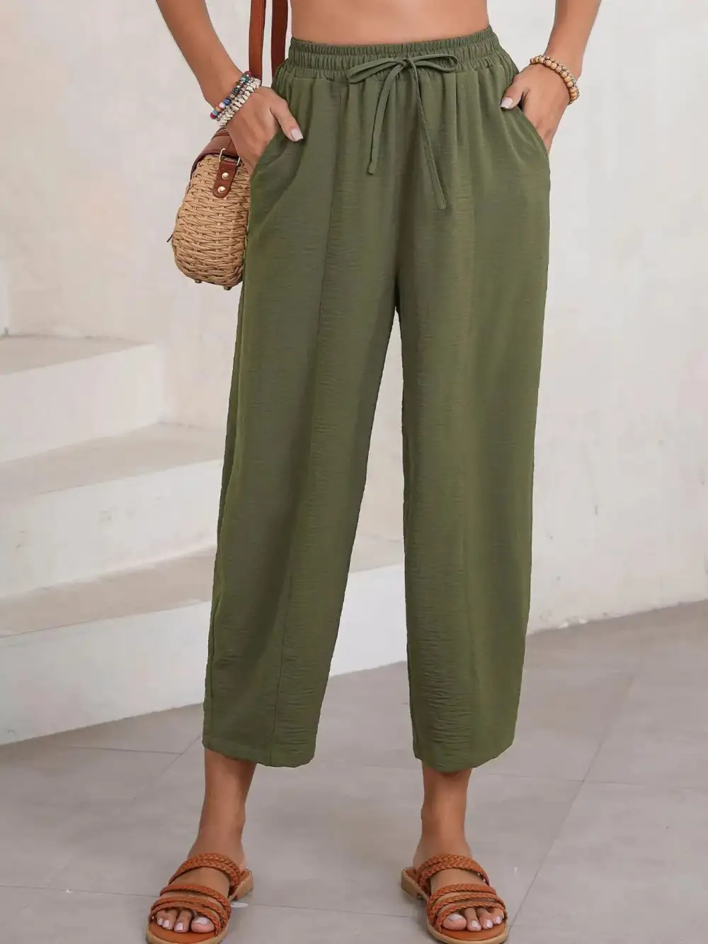 Full Size Drawstring Wide Leg Cropped Pants Plus Size