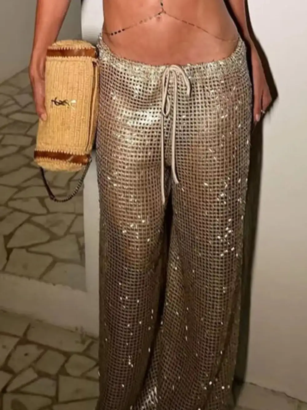 Sequin Wide Leg Drawstring Pants