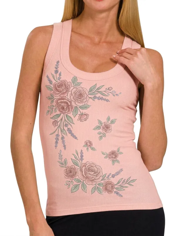 Women's Floral Aesthetic Rose Lavender Printed Ribbed Tank Top