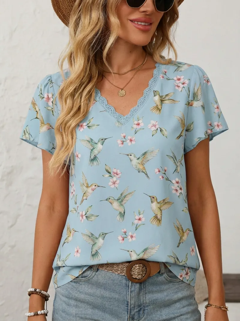 Hummingbird Cherry Blossom Floral Women's Loose Printed Blouse