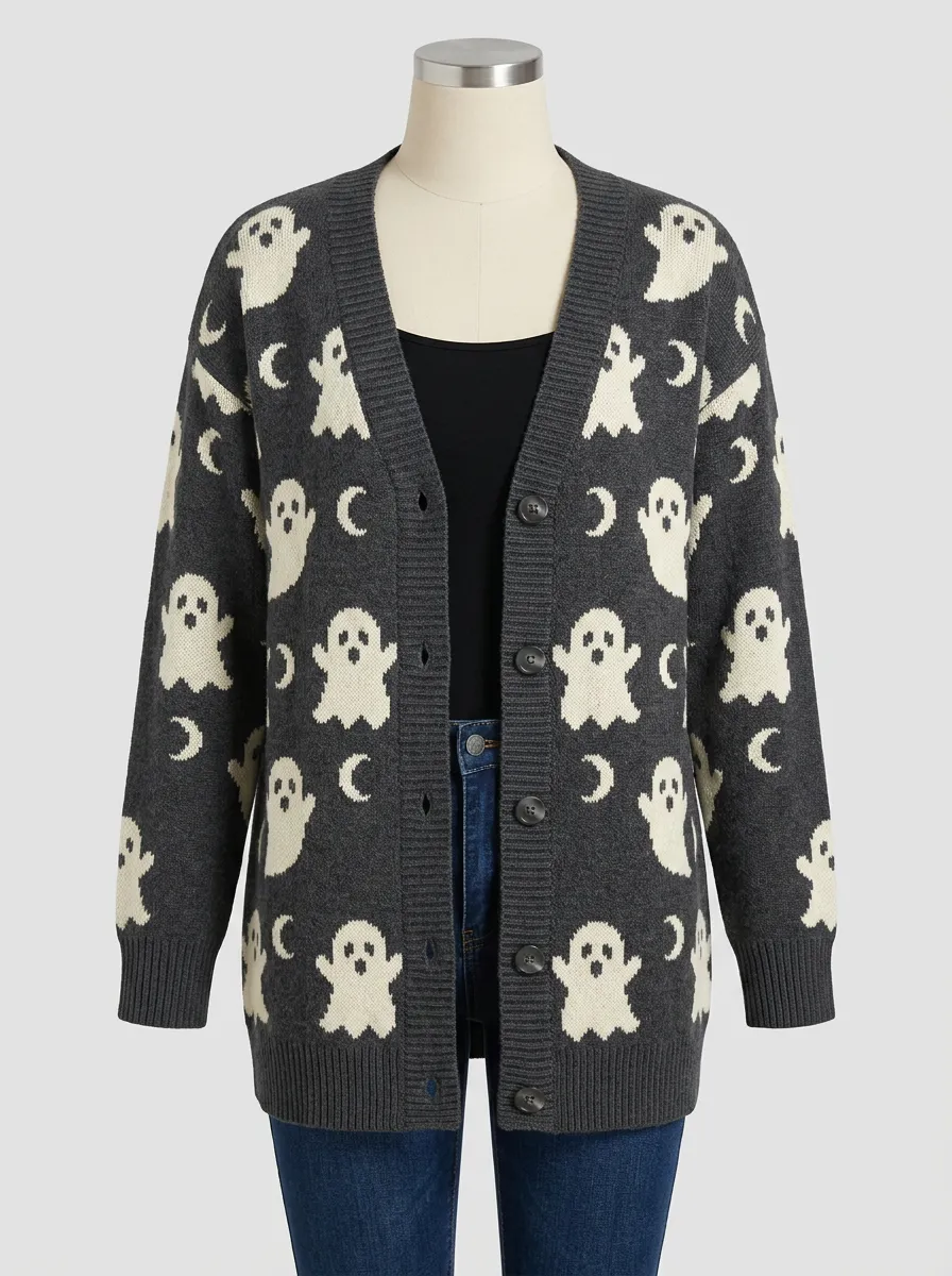 Women's Halloween Ghost and Moon Pattern Knitted Cardigan