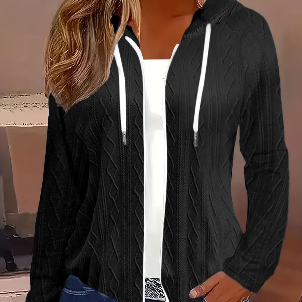 Cable Knit Drawstring Hooded Sweater Casual Long