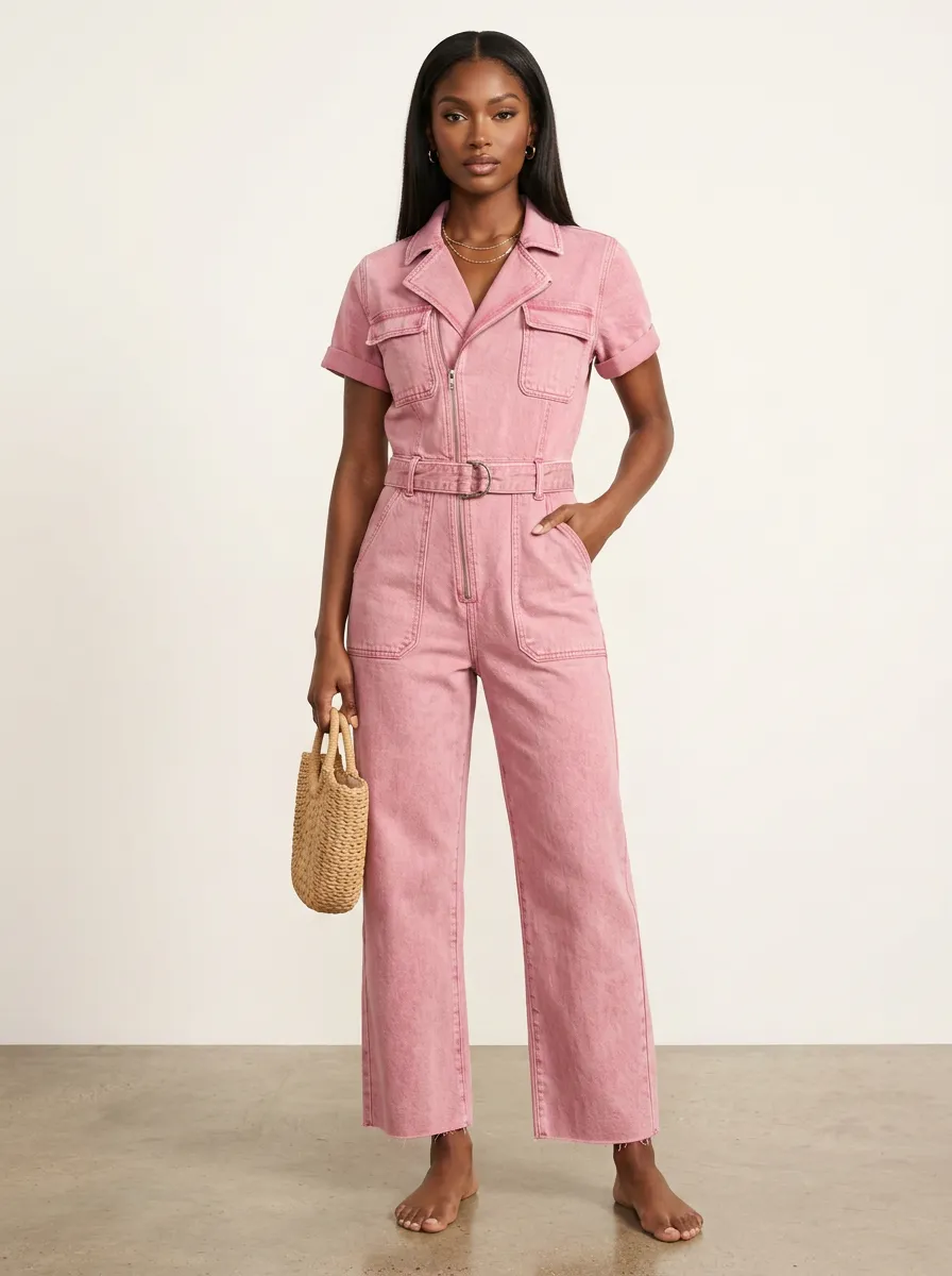 Pink Utility Zip-Front Denim Jumpsuit