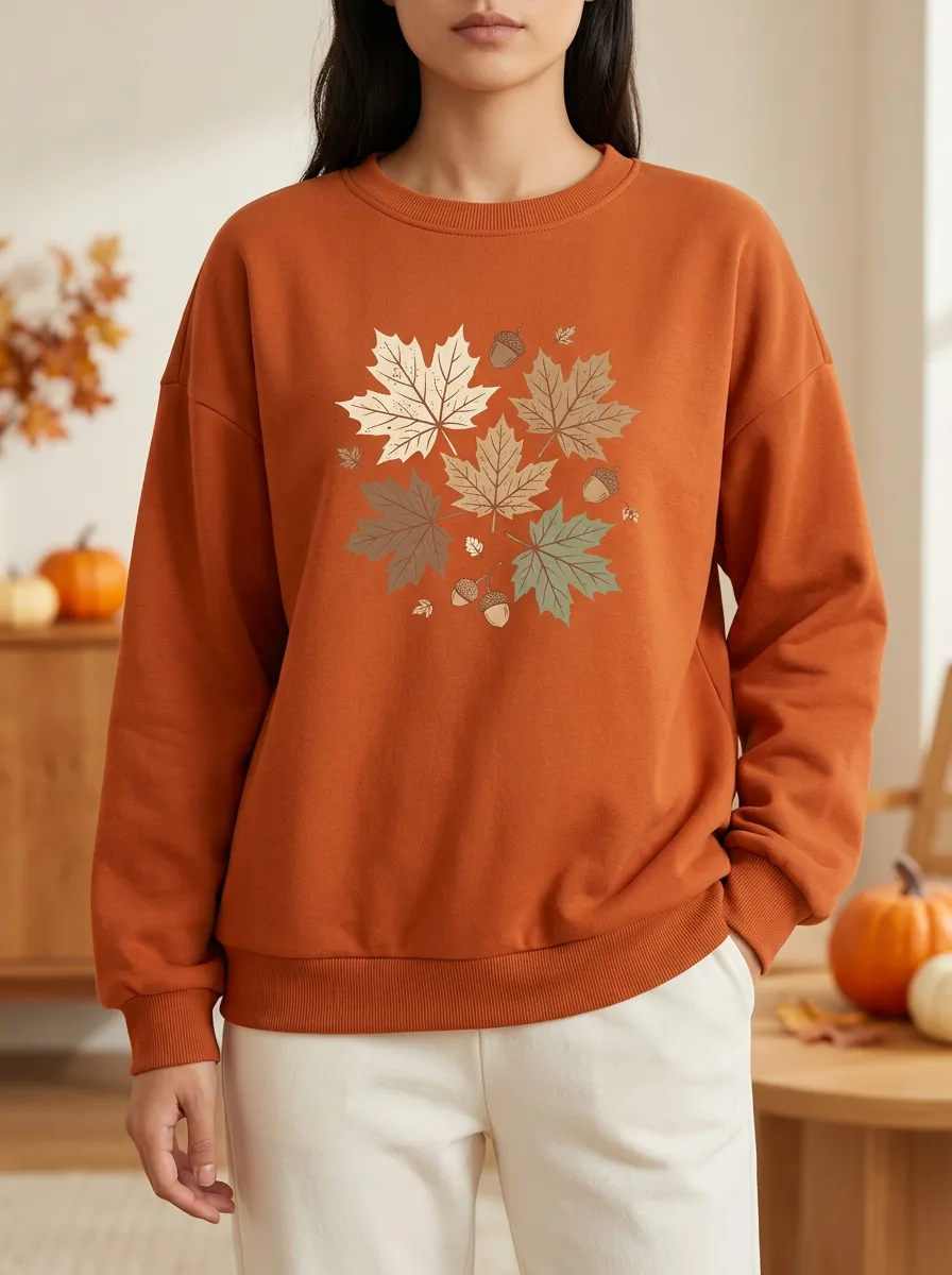 Textured Layer Maple-Leaf Printed Acorn Graphic Sweatshirt