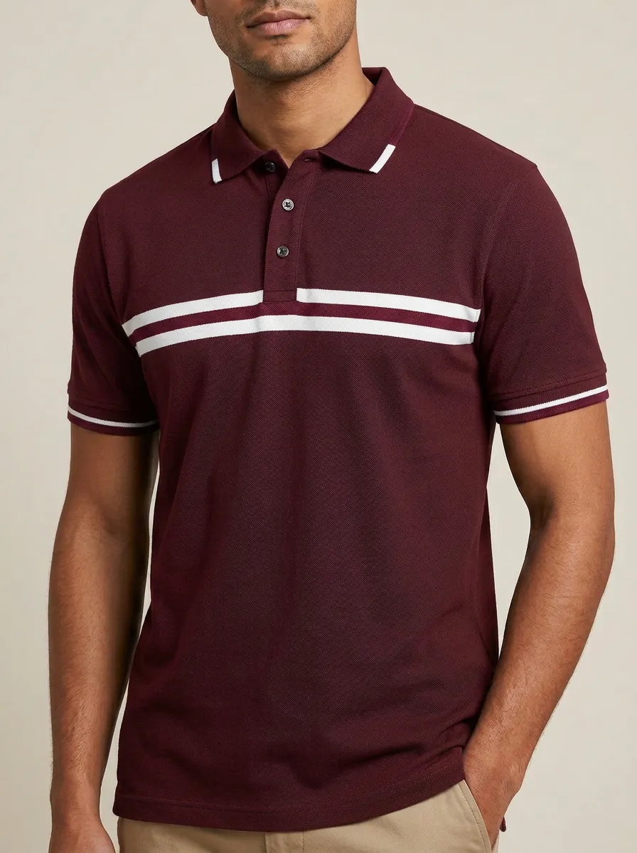 Men's Classic Knit Ribbed Textured Horizontal-Stripe Contrast-Trim Polo Shirt