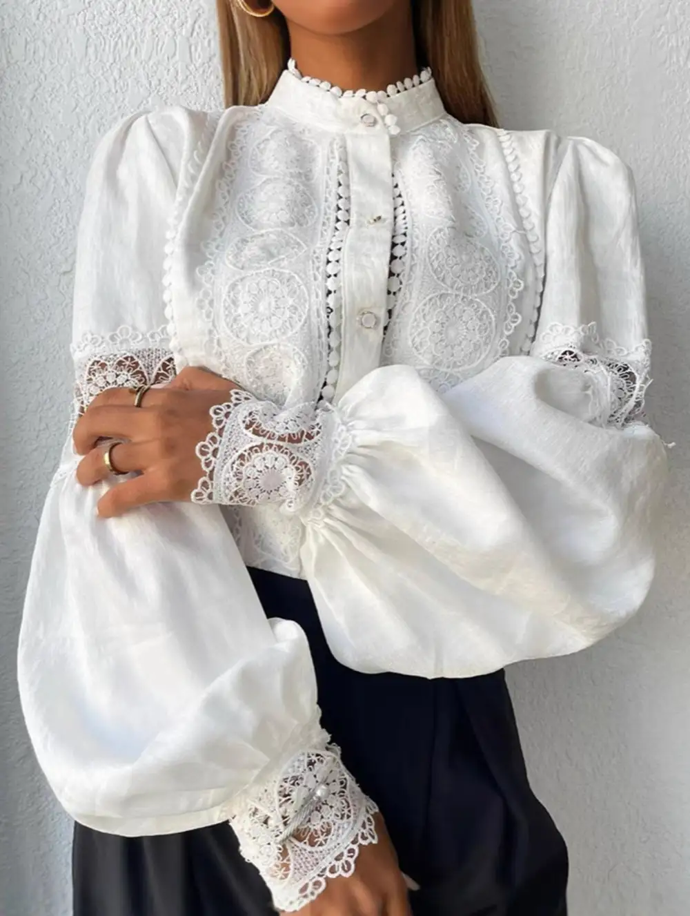 Lace Patch Lantern Sleeve Blouse
