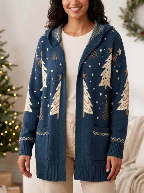 Christmas Holiday Tree Pattern Knit Hooded Cardigan
