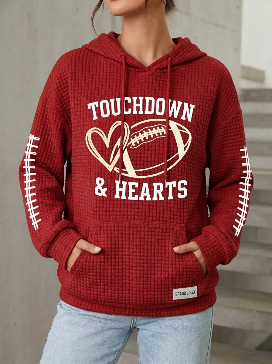 Women's Football Lover Touchdown & Hearts Printed Hoodie