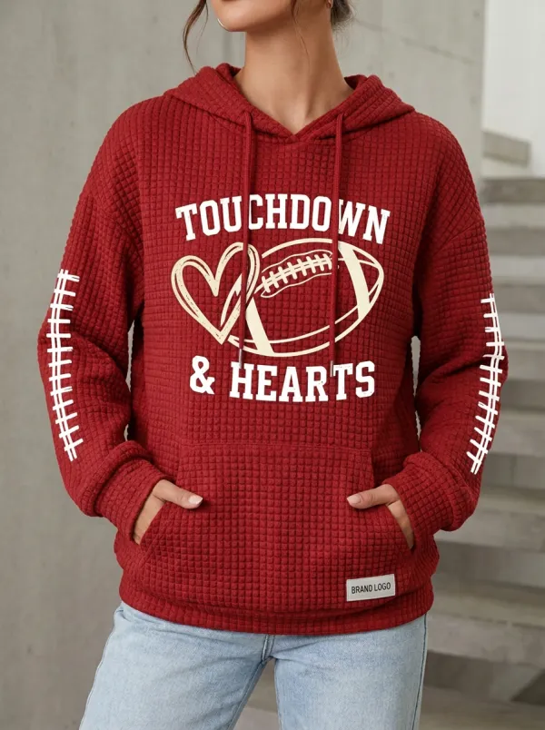 Women's Football Lover Touchdown & Hearts Printed Hoodie