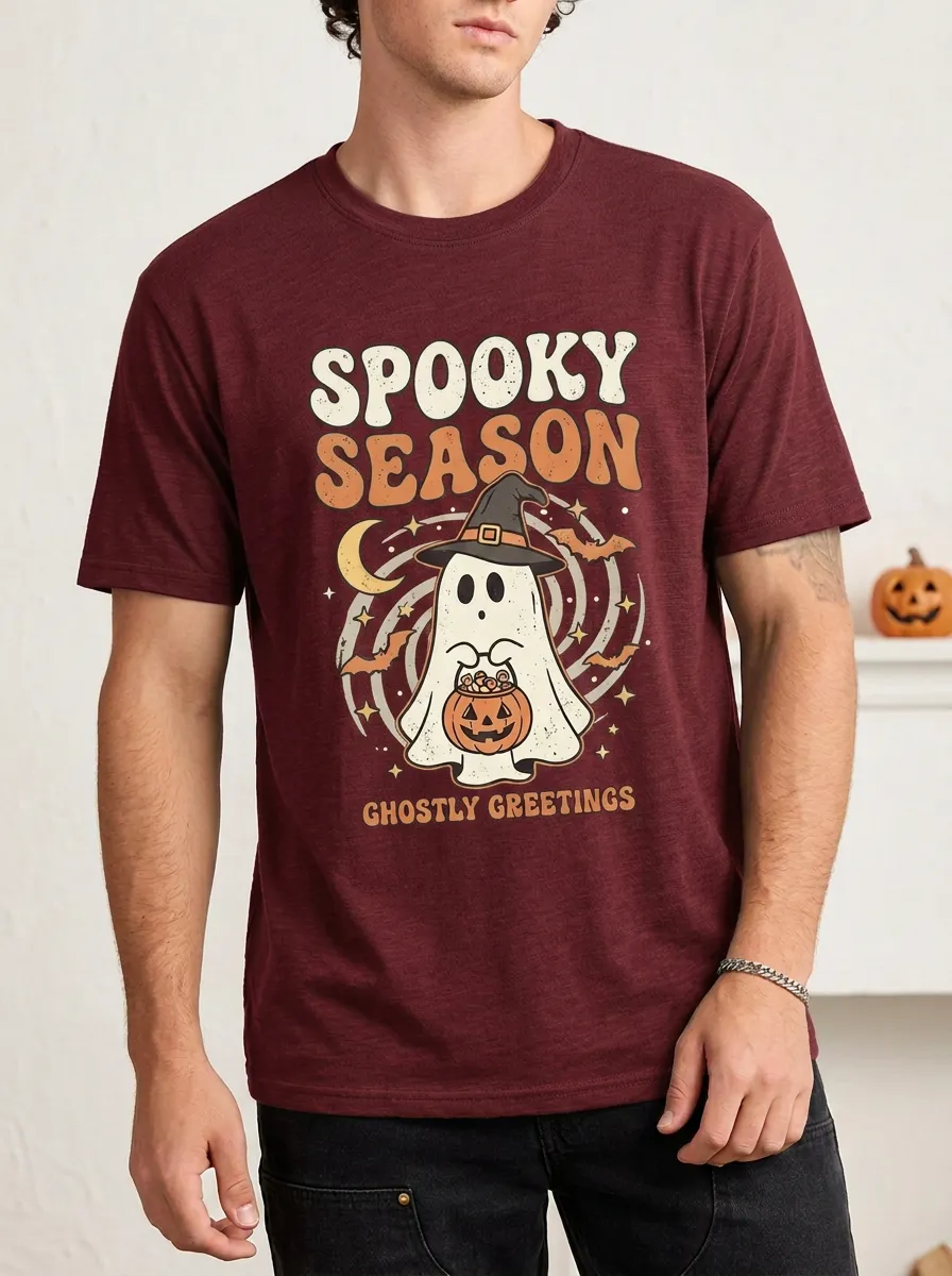 Men's Halloween Spooky Season Ghost Pumpkin Printed T-shirt