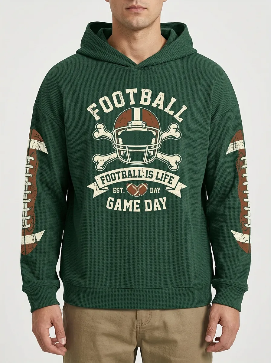 Men's American Football Lover Helmet Bones Printed Waffle Hoodie