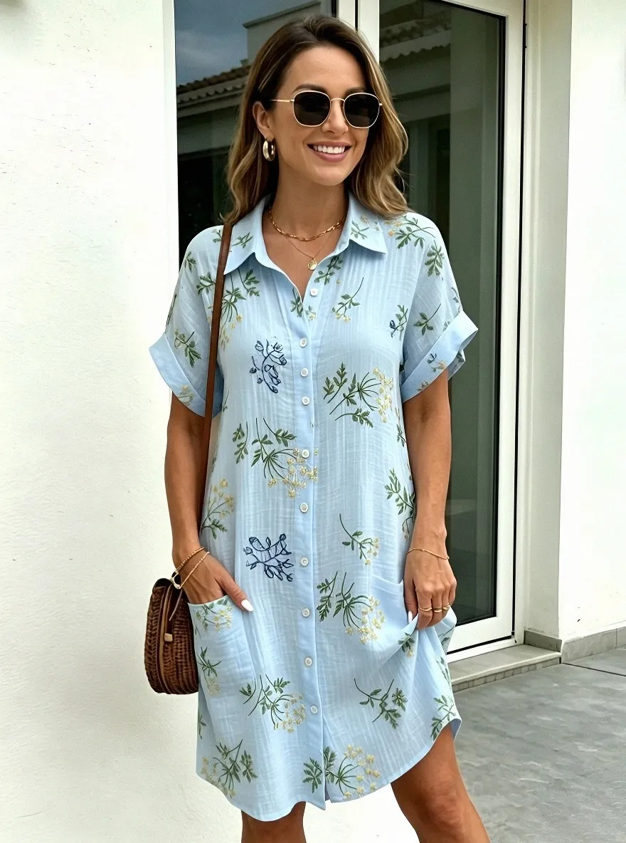Women's Summer Vacation Wildflower Floral Printed Shirt Dress