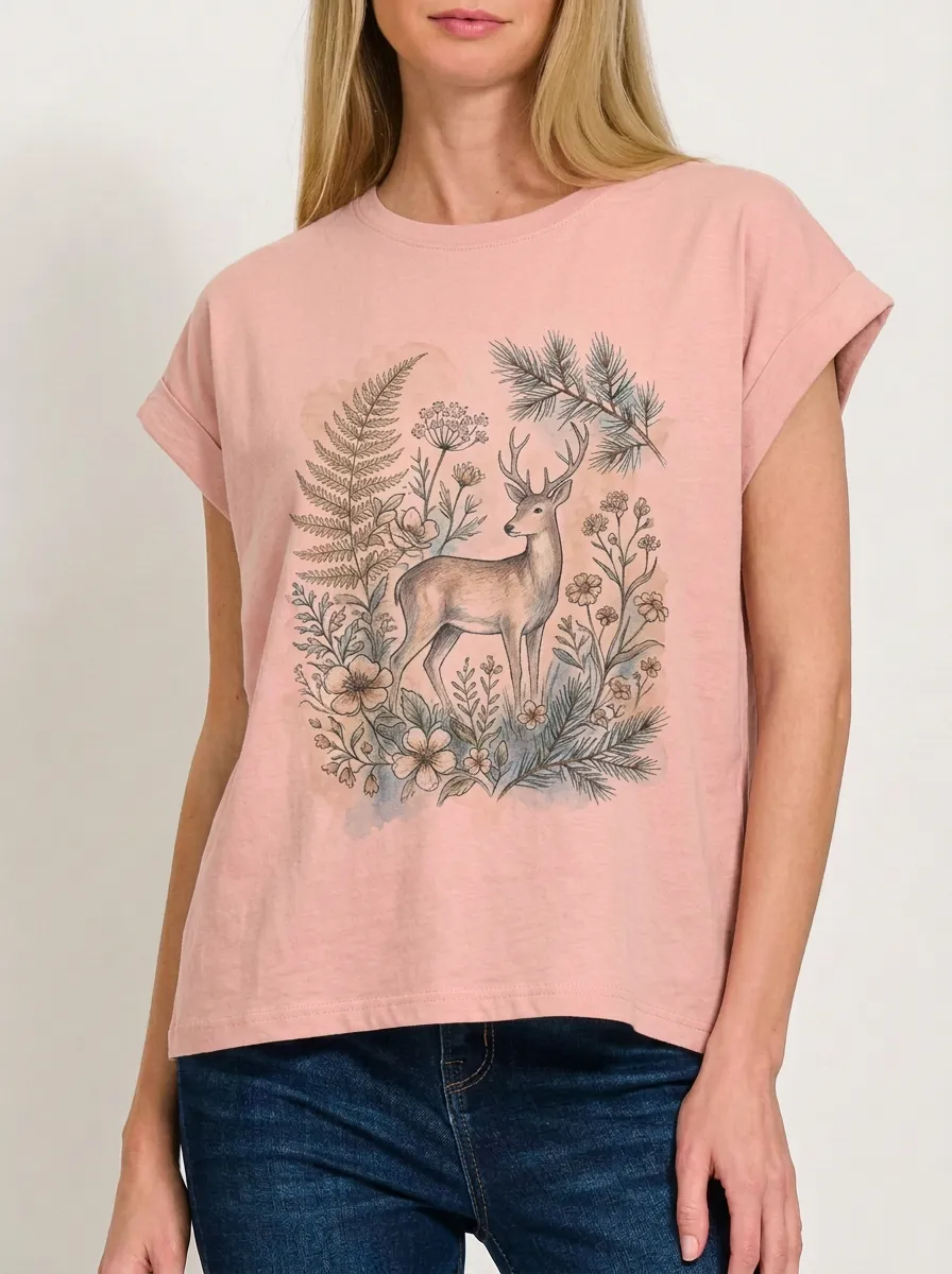 Women's Nature Lover Forest Deer Floral Printed T-shirt
