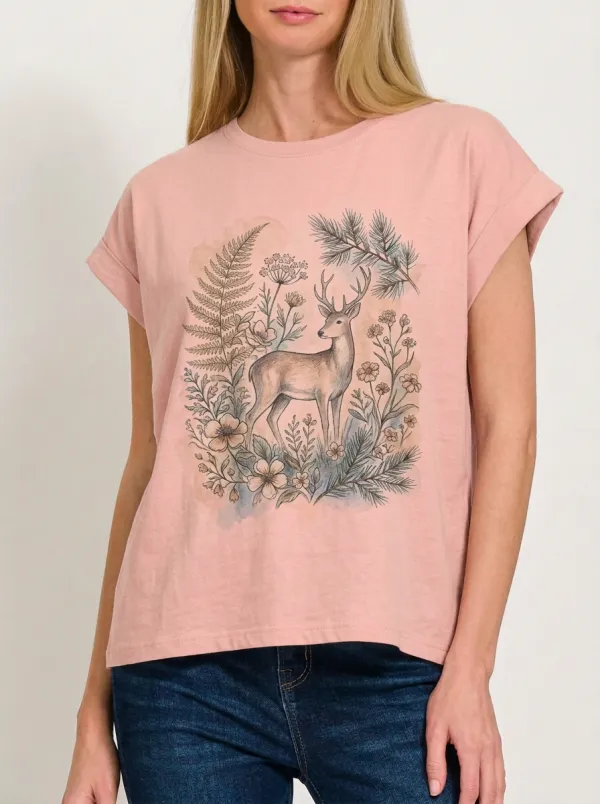 Women's Nature Lover Forest Deer Floral Printed T-shirt