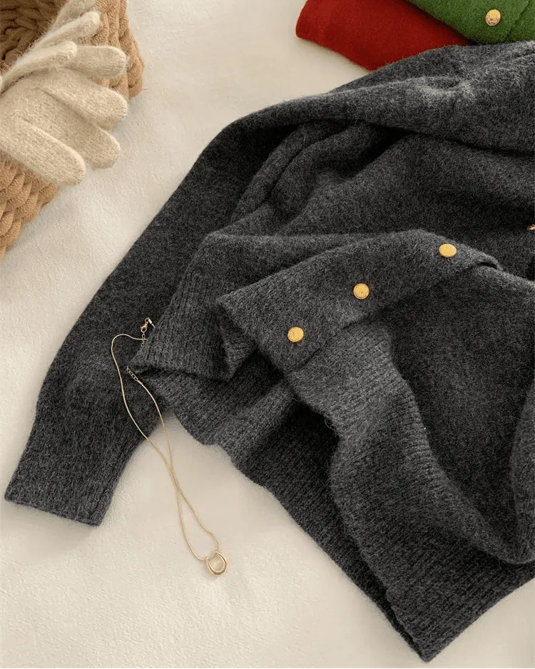 Classic Wool Button-Front Round-Neck Cardigan
