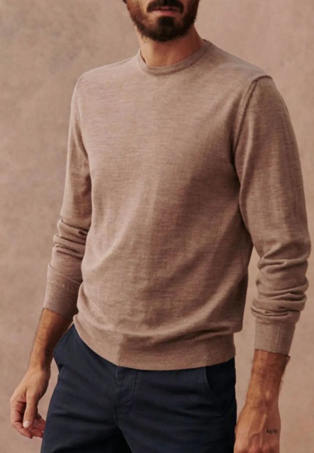 Beige Solid Knit Crew Neck Sweater