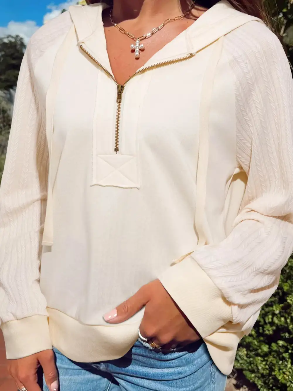 Half-Zip Drawstring Pocketed Textured Hoodie