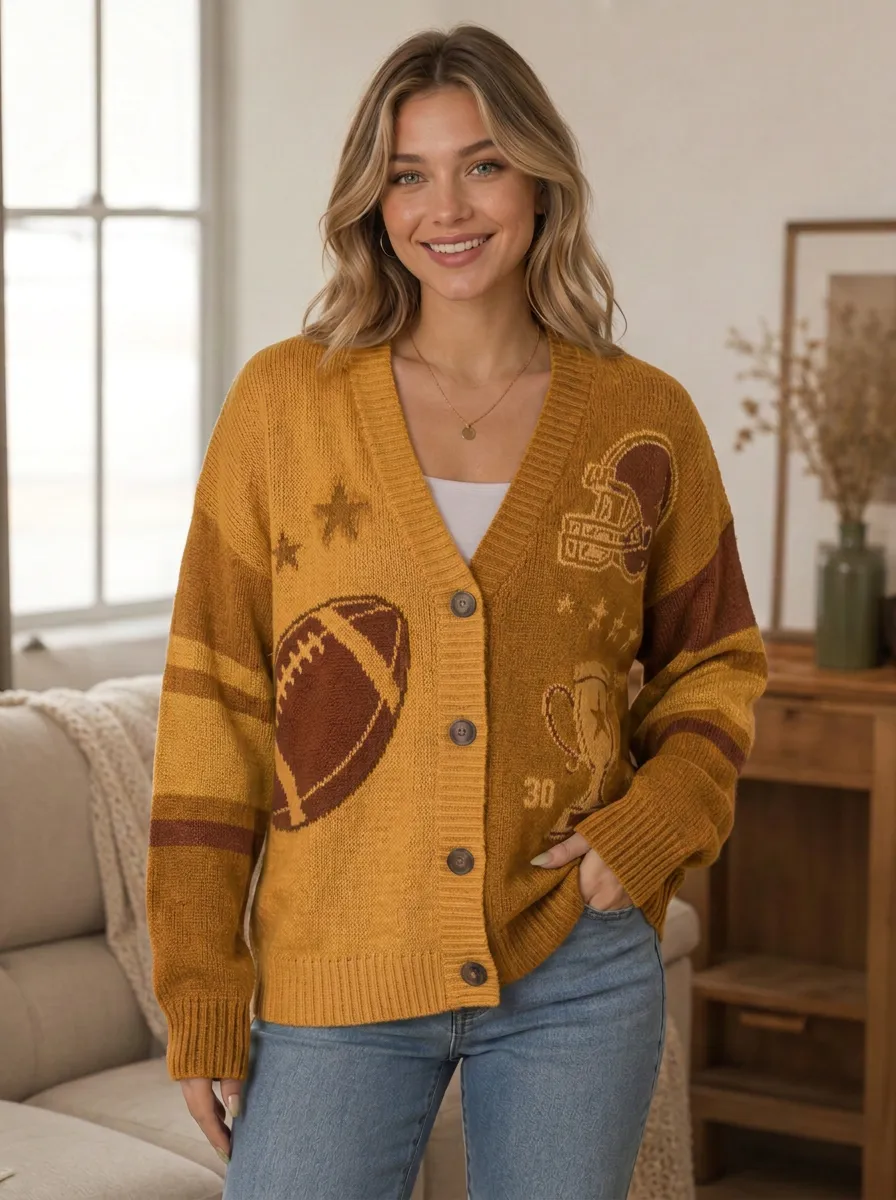 Women's Classic Field Inspired Gridiron Helmet Trophy Ball Knit Cardigan