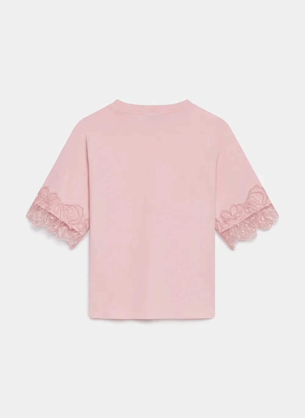 Casual Style Pink Cotton Lace Trim T-Shirt
