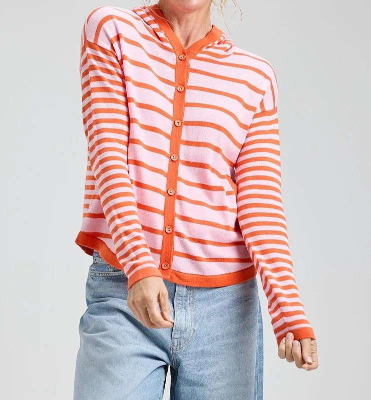 Cotton Striped Hooded Button-Front Hoodie