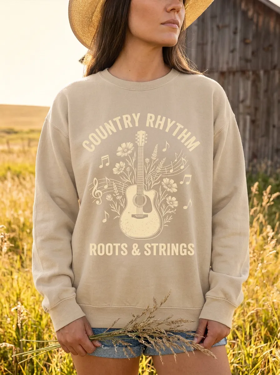 Western-Inspired Detailed Women's Country Music Crewneck Sweatshirt