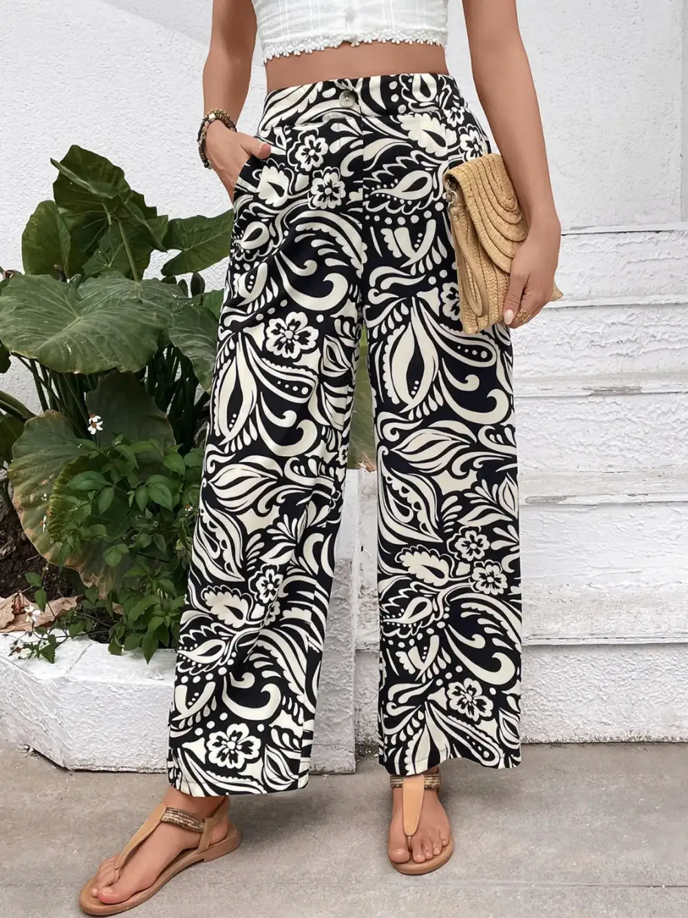 Textured Printed Wide Leg Pants