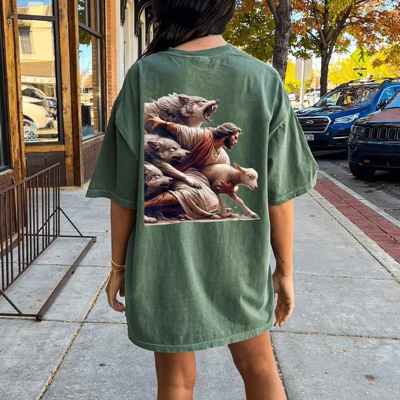 Jesus Protects The Lamb From Wolves Christian God Jesus Women's Oversized Comfort T-Shirt Back Print
