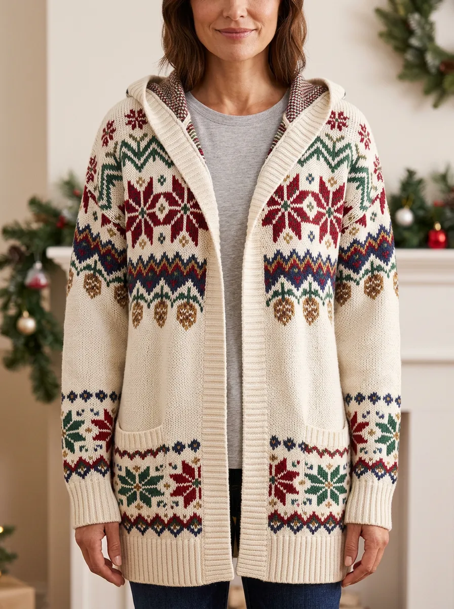 Festive Christmas Snowflake Pinecone Pattern Print Hooded Cardigan