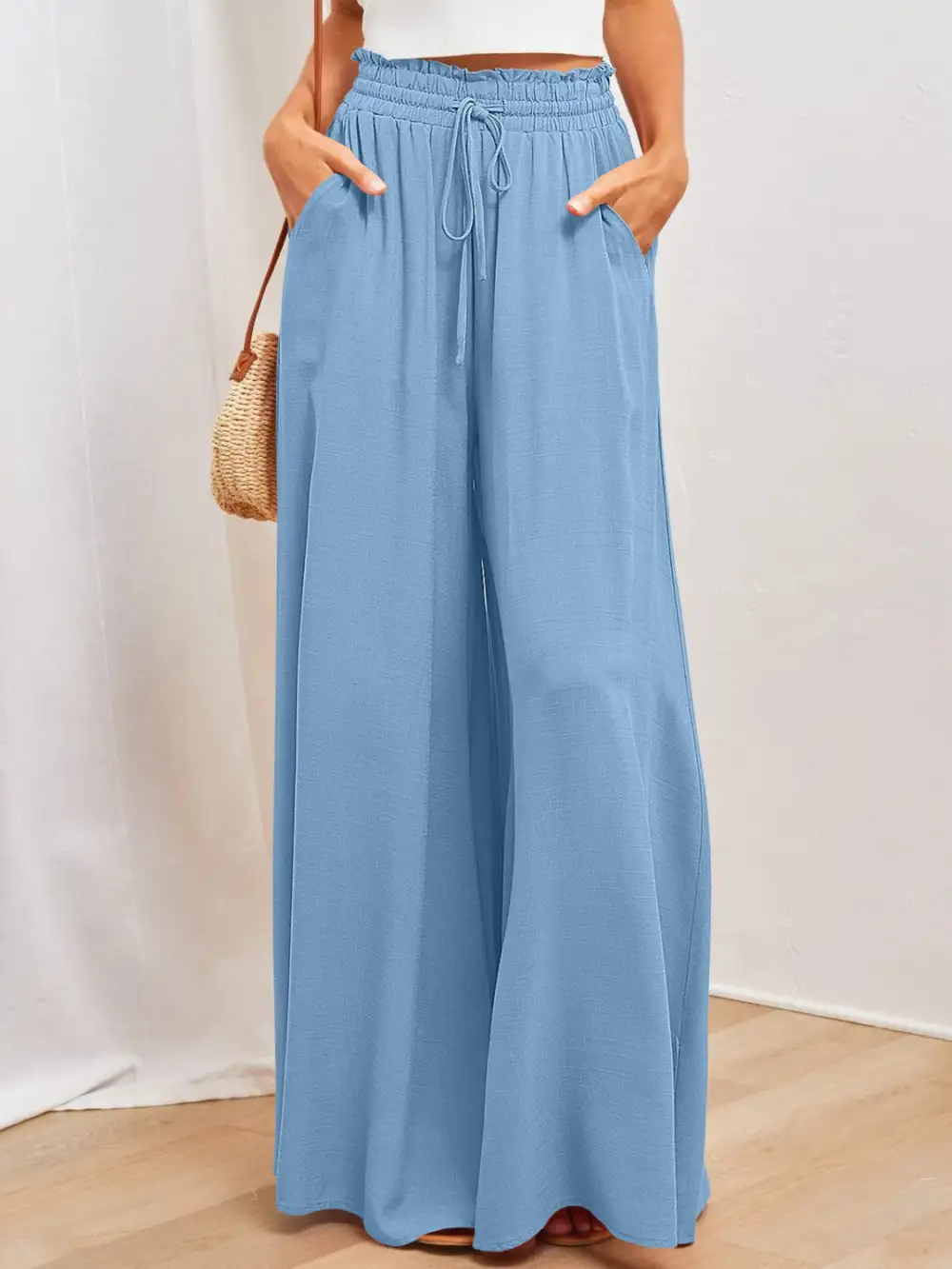 Textured Wide Leg Pants With Pocket