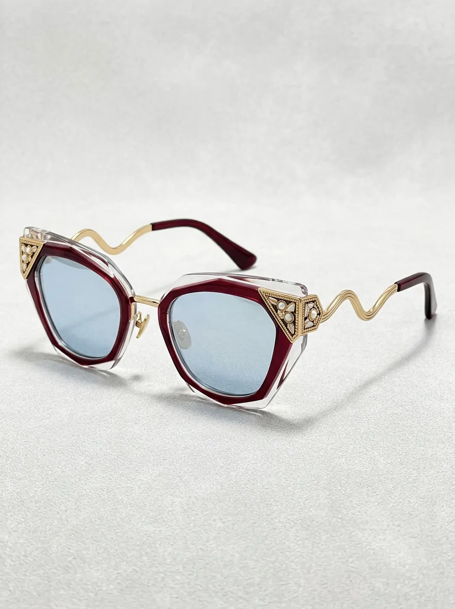 Women's Vintage Baroque Pearl Gold Wavy Temple Cat Eye Sunglasses