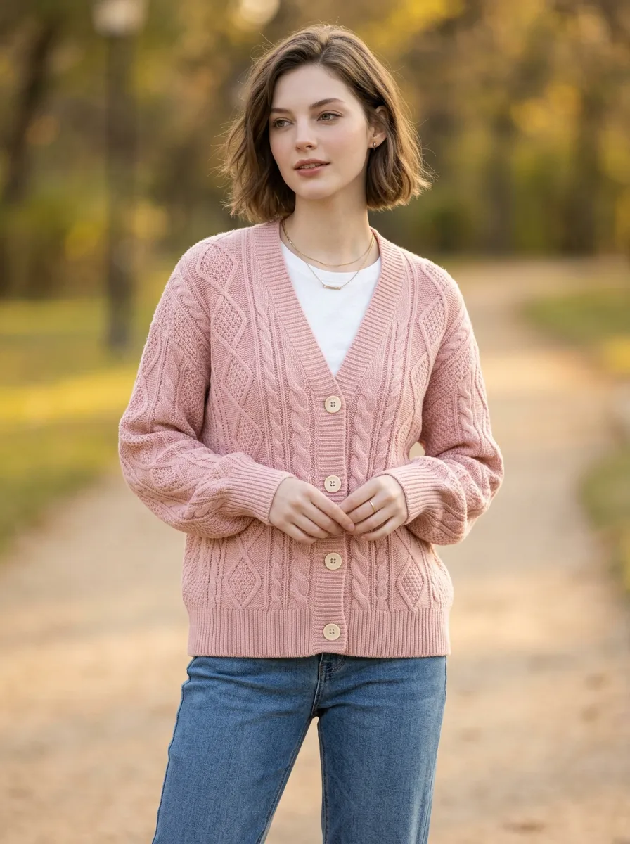 Women's Pink Cable Knit Button Down Cardigan