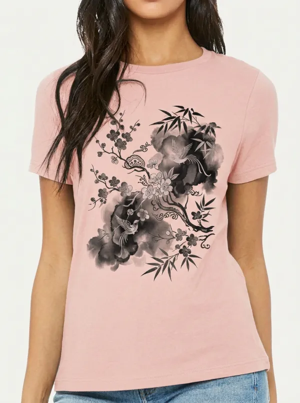 Women's Asian Art Bird Cherry Blossom Bamboo Printed T-shirt