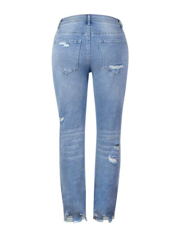 Washed Frayed Tassel Slim High Elastic Denim Jeans