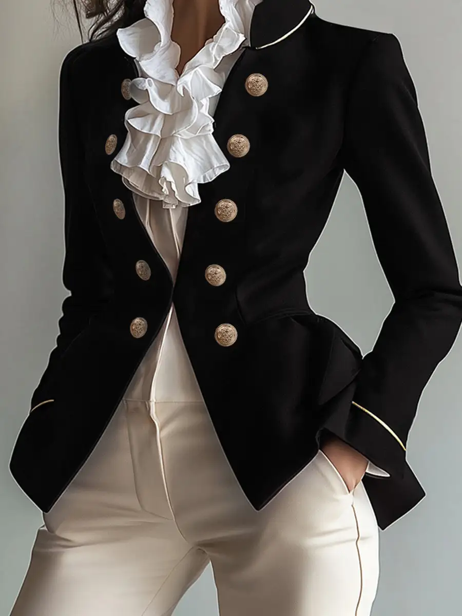 Long Sleeve Button Front Solid Color Split Stand Blazer