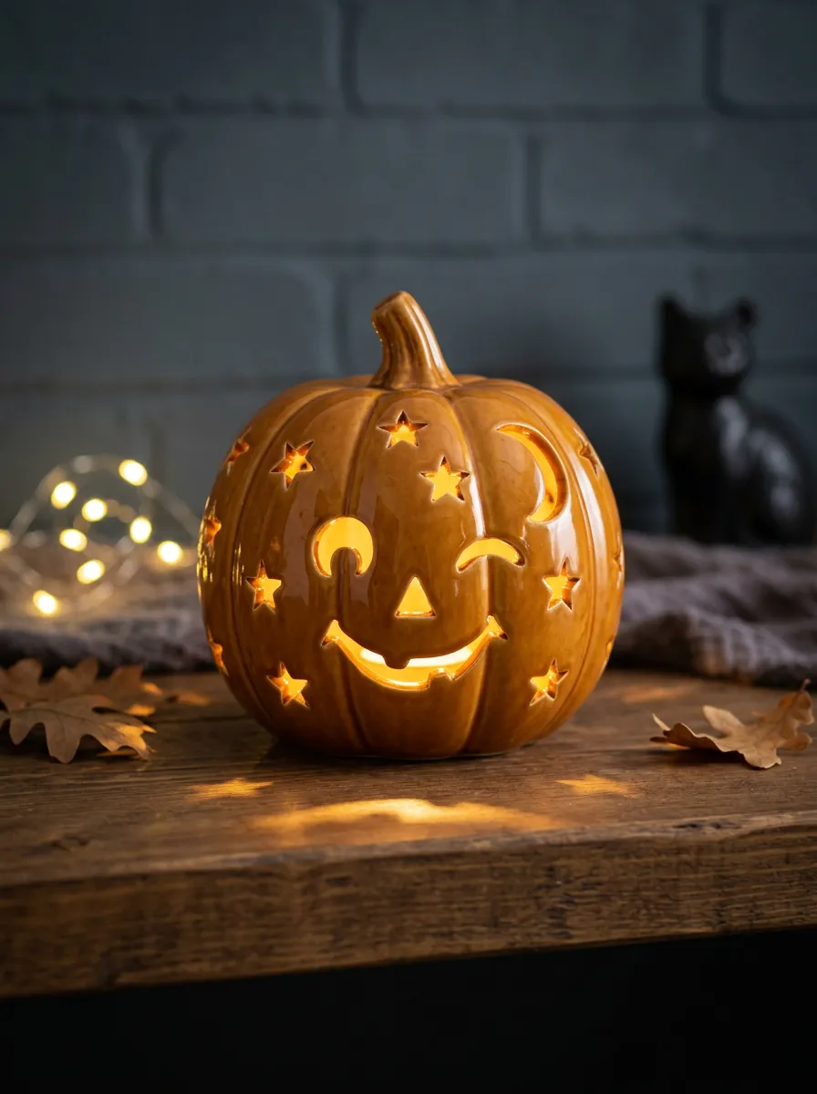 Star-Moon Ceramic-Look Winking Halloween Pumpkin Light